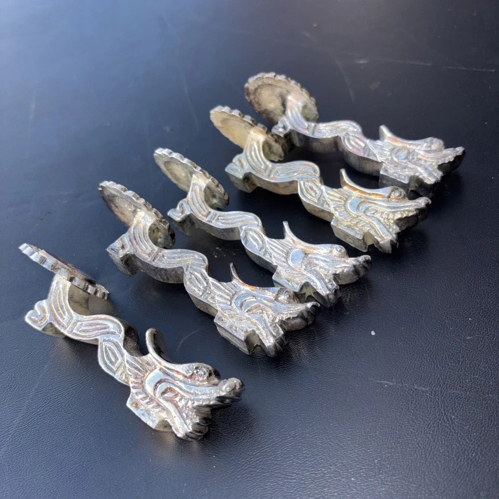 Vintage Chinese Dragon Set of 5 Silver Plated Spoon Holders Rest